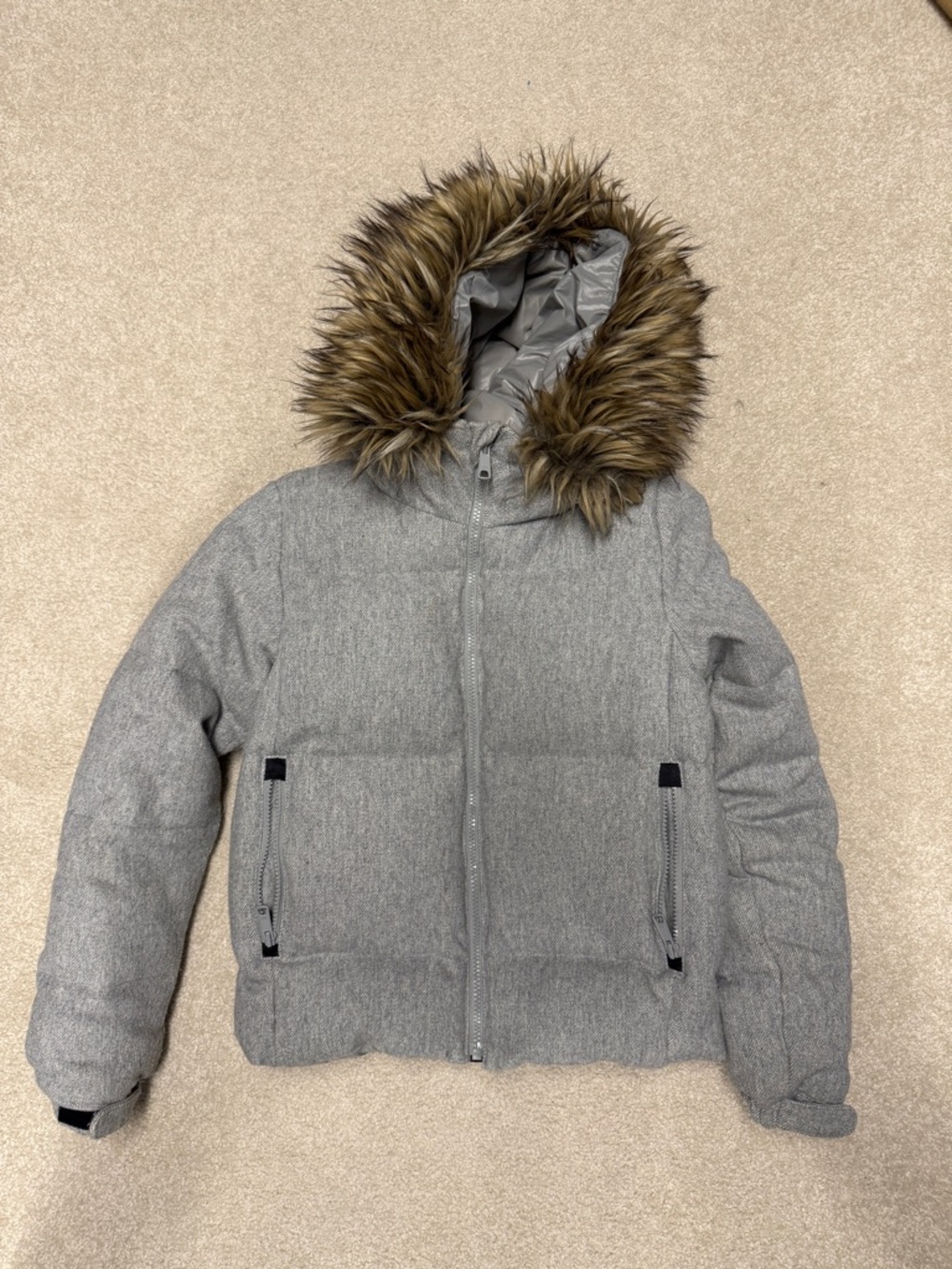 Gray Faux-Fur Hooded Puffer Jacket